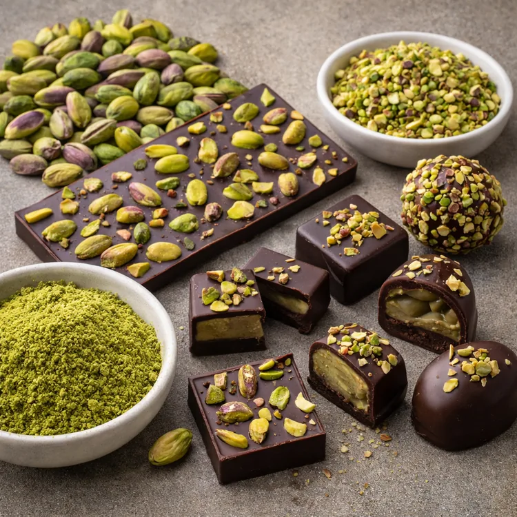 Pistachio ingredients for chocolate manufacturers including kernels, cuts and paste